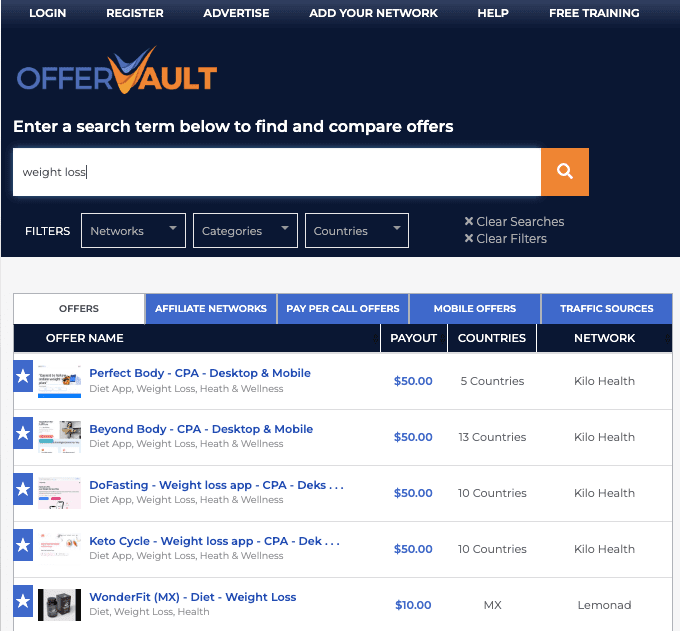 Weight Loss CPA Offers on OfferVault